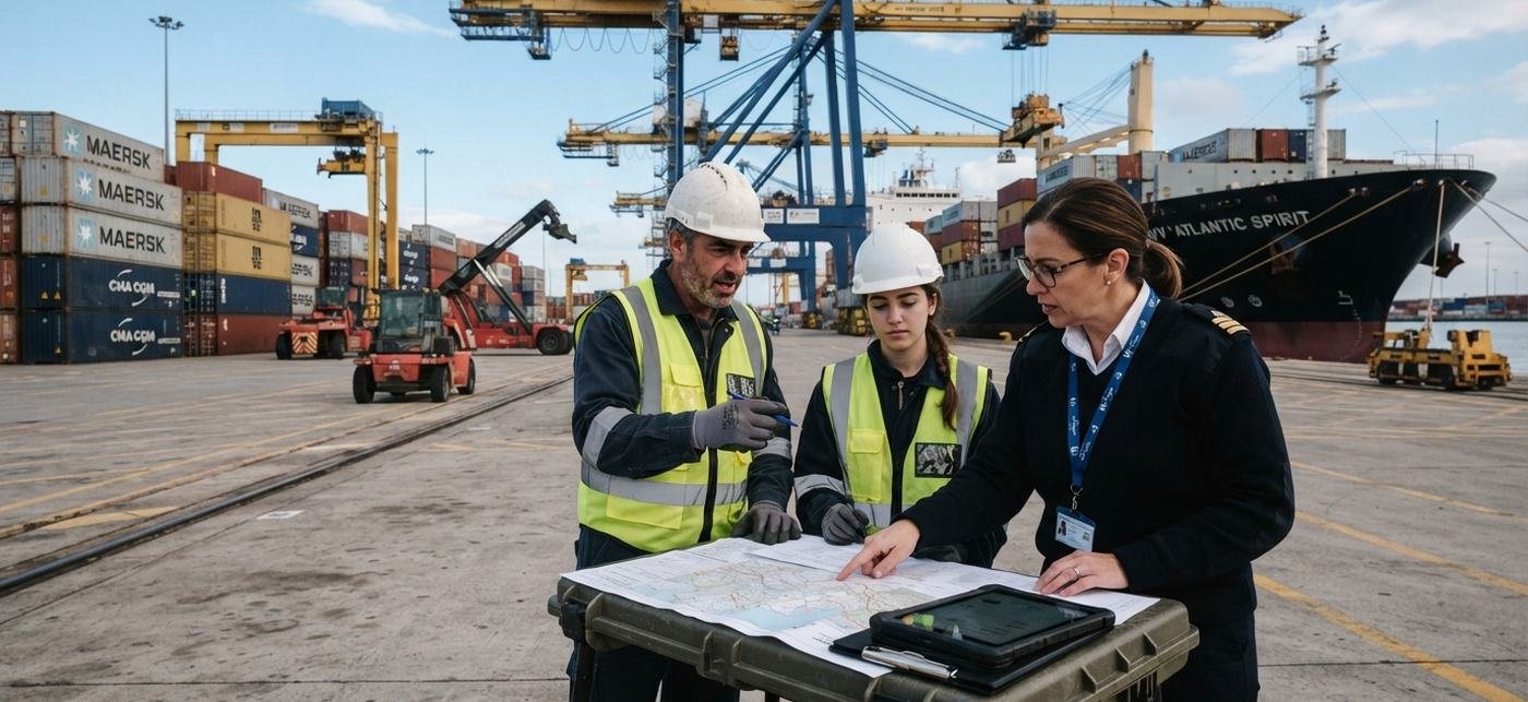 Operations team wearing helmets reviewing a chart in front of a container vessel in port