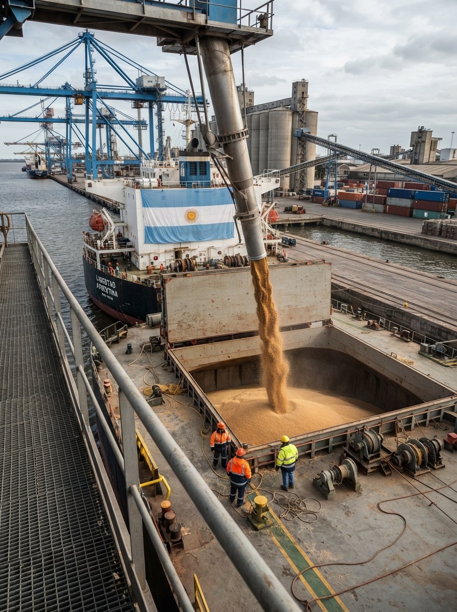 Port workers wearing helmets and high-visibility vests during a grain loading operation, with the Argentine flag in the background