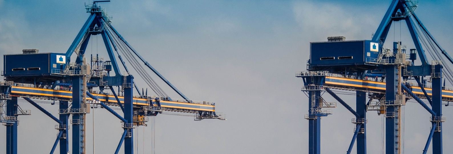 Port gantry cranes viewed from below against a clear sky